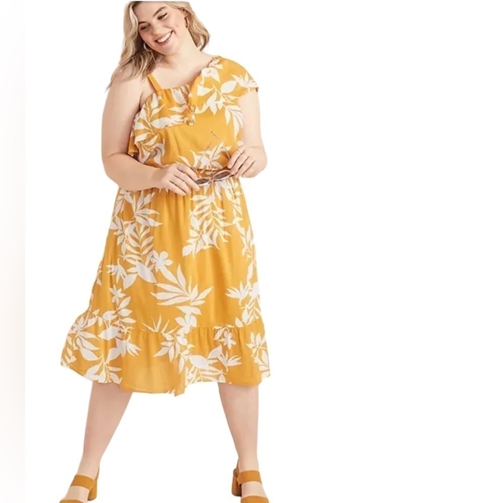 Old Navy‎ Gold Tropical Print Hibiscus Ruffle Midi Dress